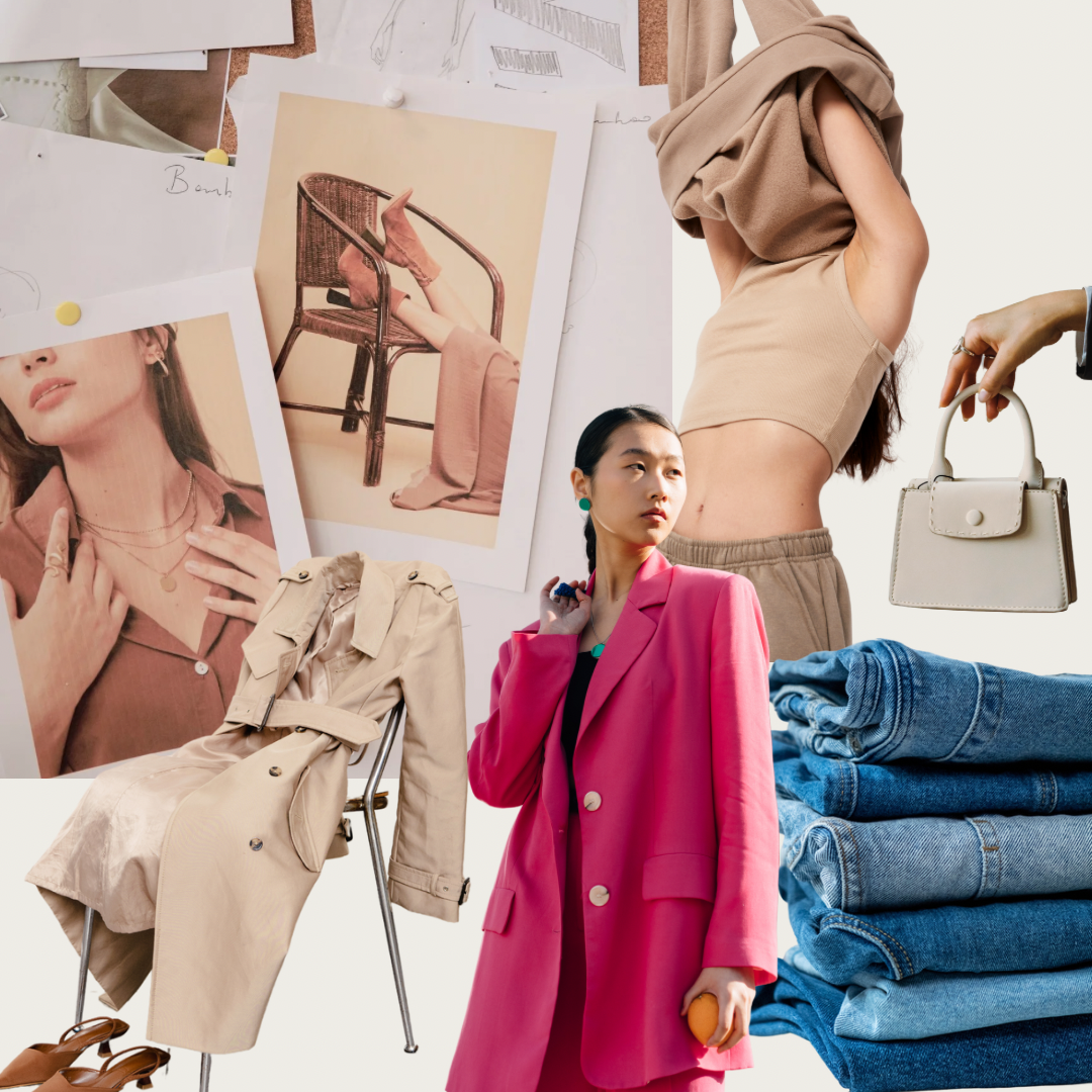 A collage of fashion imagery, including an Asian woman wearing a hot pink suit; folded denim; and a trench coat thrown over a chair