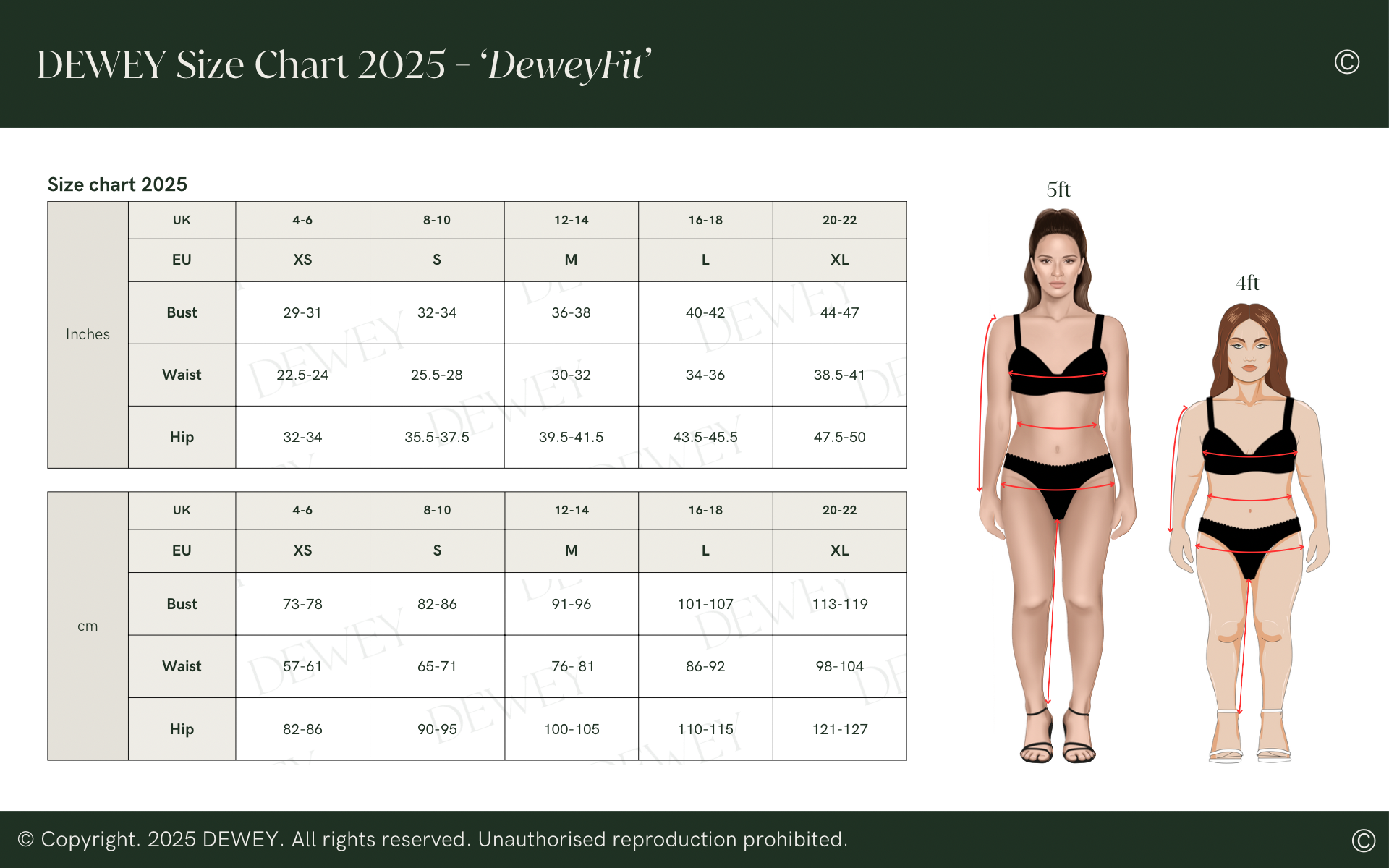 Size chart for DEWEY's DeweyFit 2025 collection, showing UK, EU, and US sizes (S-XL), bust, waist, and hip measurements in inches and cm, with two illustrated women of different heights and builds.