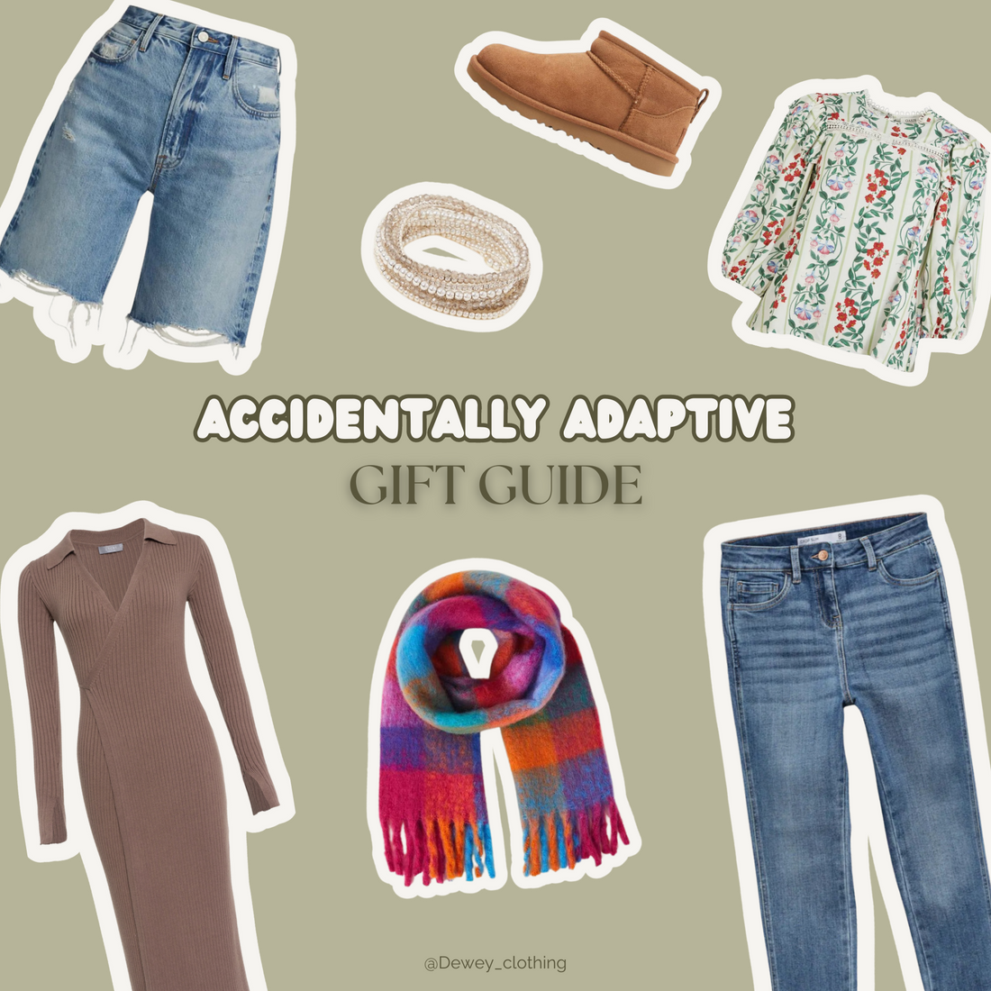 A collage of clothing against a green background. Bubble writing in the centre reads: “accidentally adaptive gift guide” 