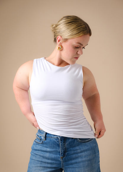 Ruched Asymmetric White VIOLET Boat Neck Top [Pre-Order]