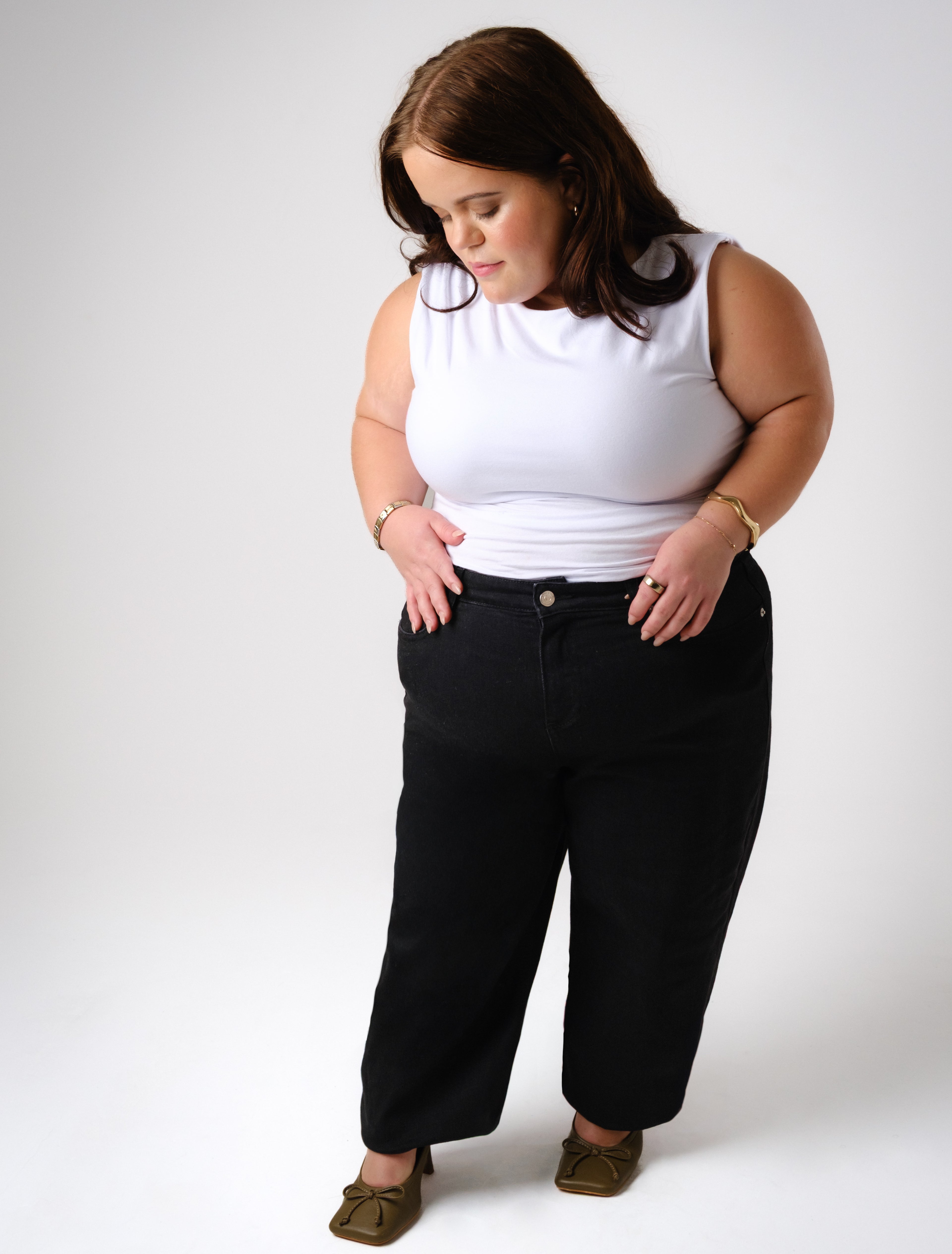 a woman in a white shirt