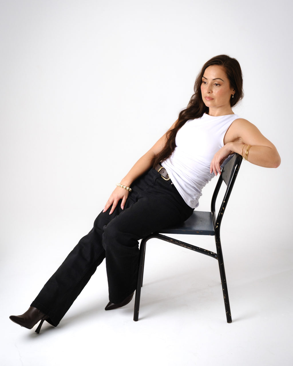 a woman sitting on a chair