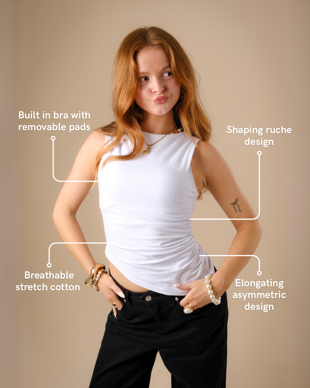 Ruched Asymmetric White VIOLET Boat Neck Top