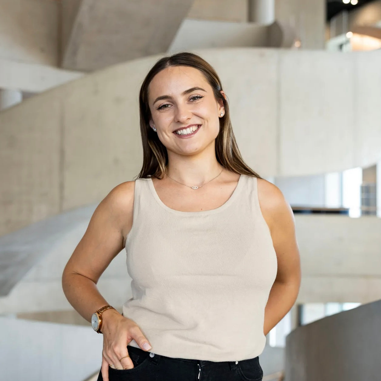 a woman smiling at camera