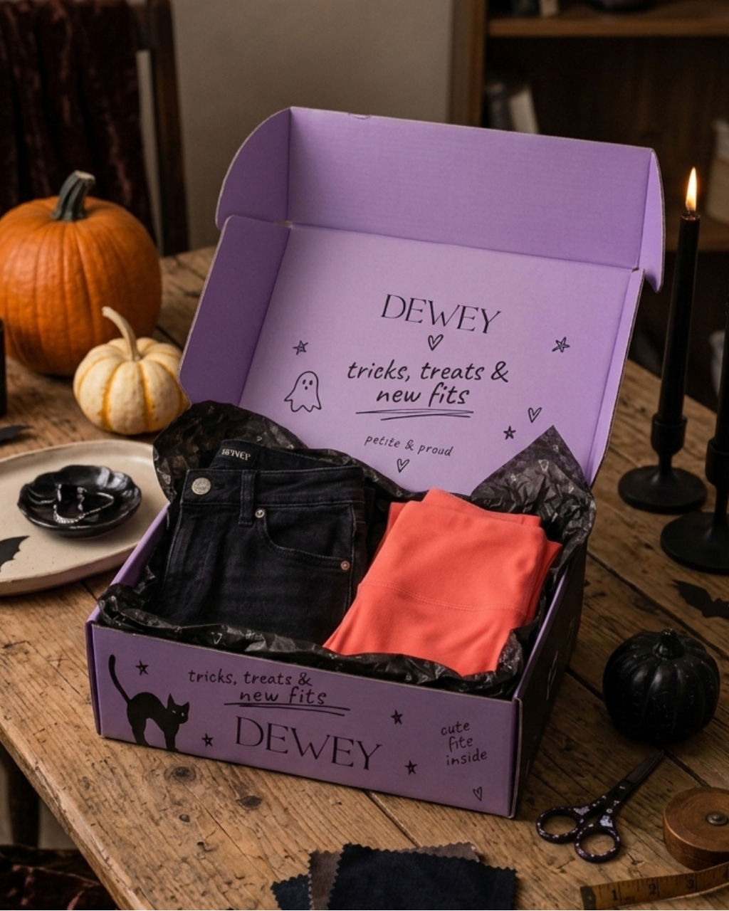 a purple box with a pair of pants and a pair of jeans in it